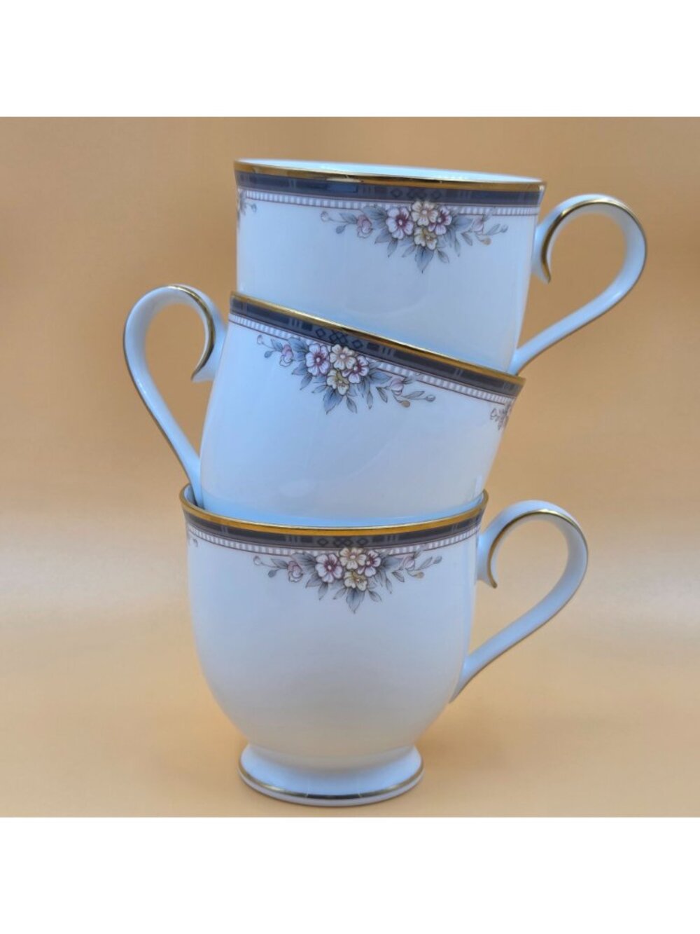 Noritake Ontario Footed Cup and Saucer Set of 3 Blue Gray Band White Pink Flower - Picture 3 of 16